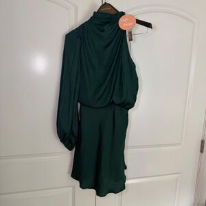 Sage + Paige Dark Green One Shoulder Mini Dress Satin Mock Neck Size S NWT